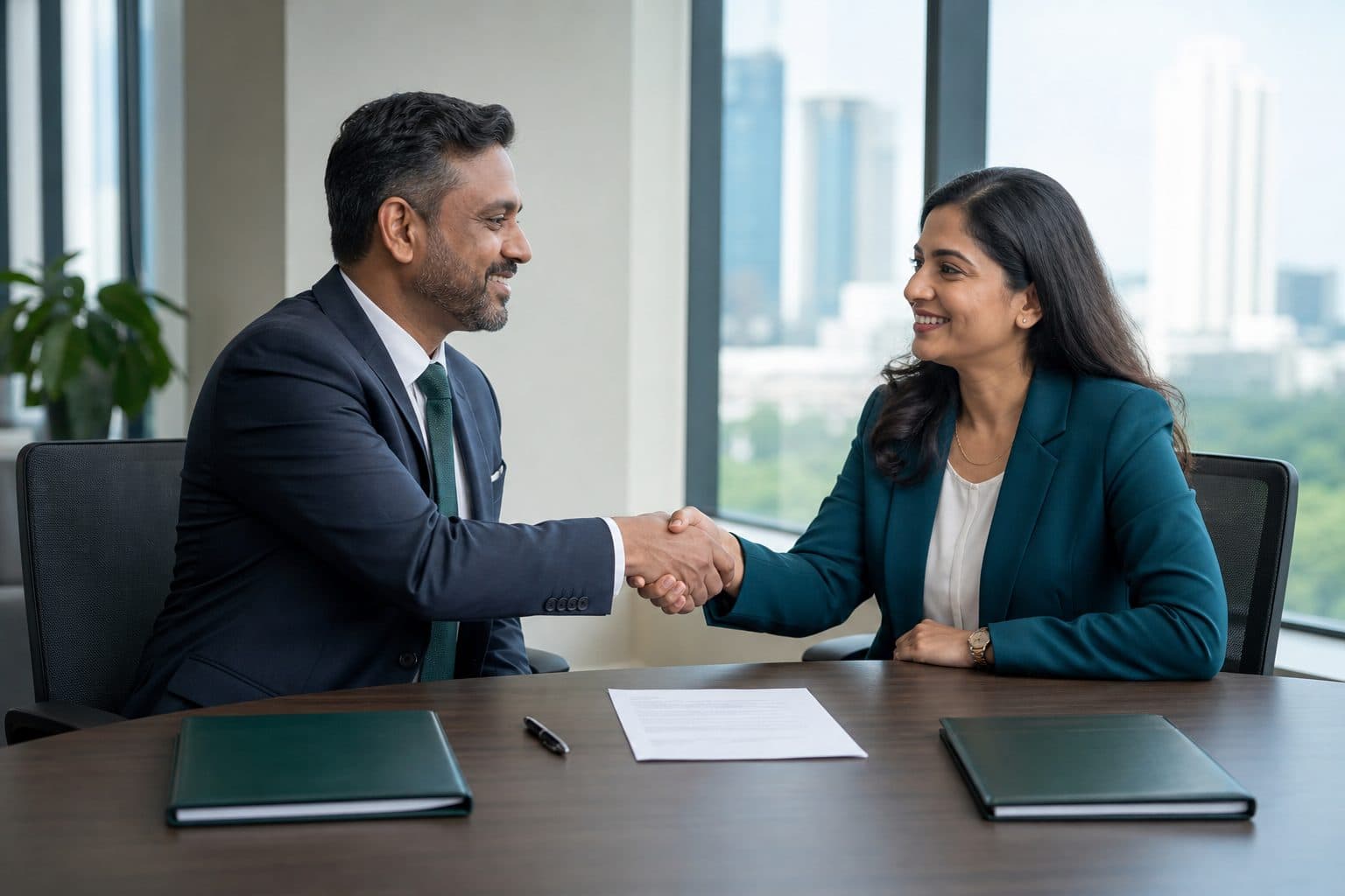 Two healthcare executives shake hands over a signed agreement in a meeting room
