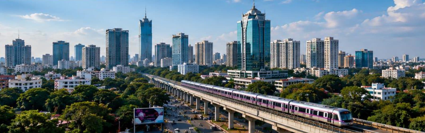 The Bengaluru skyline with the city metro running through it